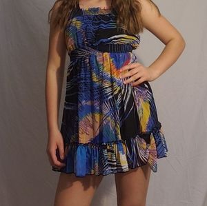 A strapless tropical patterned dress
